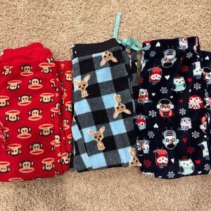 Lot of 3 Womens Flannel Winter Pajama Pants Paul Frank Monkey Owl Size 4-6 S/M